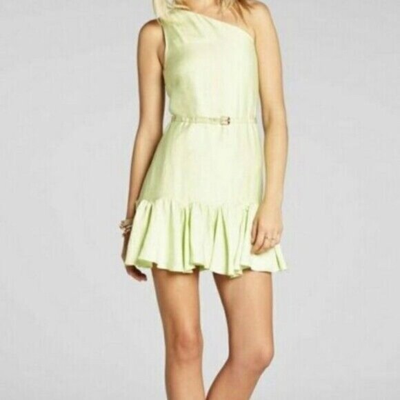 NWT BCBGeneration Womens Sz 4 Melon One Shoulder Ruffle Hem Belted Mini Dress - Picture 1 of 9